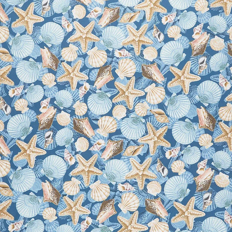 Varied Coastal Shells Blue Fabric: Sewing Beach-Themed Projects