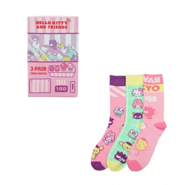 Hello Kitty & Friends Arcade 3 Pair Adult Crew Socks Box Set