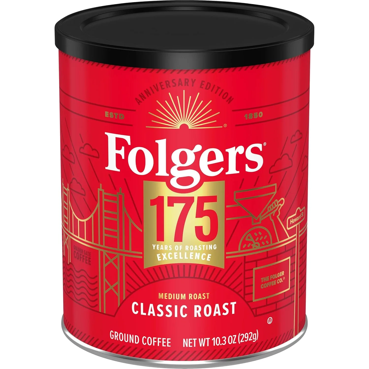 Folgers Classic Medium Roast Ground Coffee, 10.3 Oz 175th Anniversary Limited Edition Metal Can
