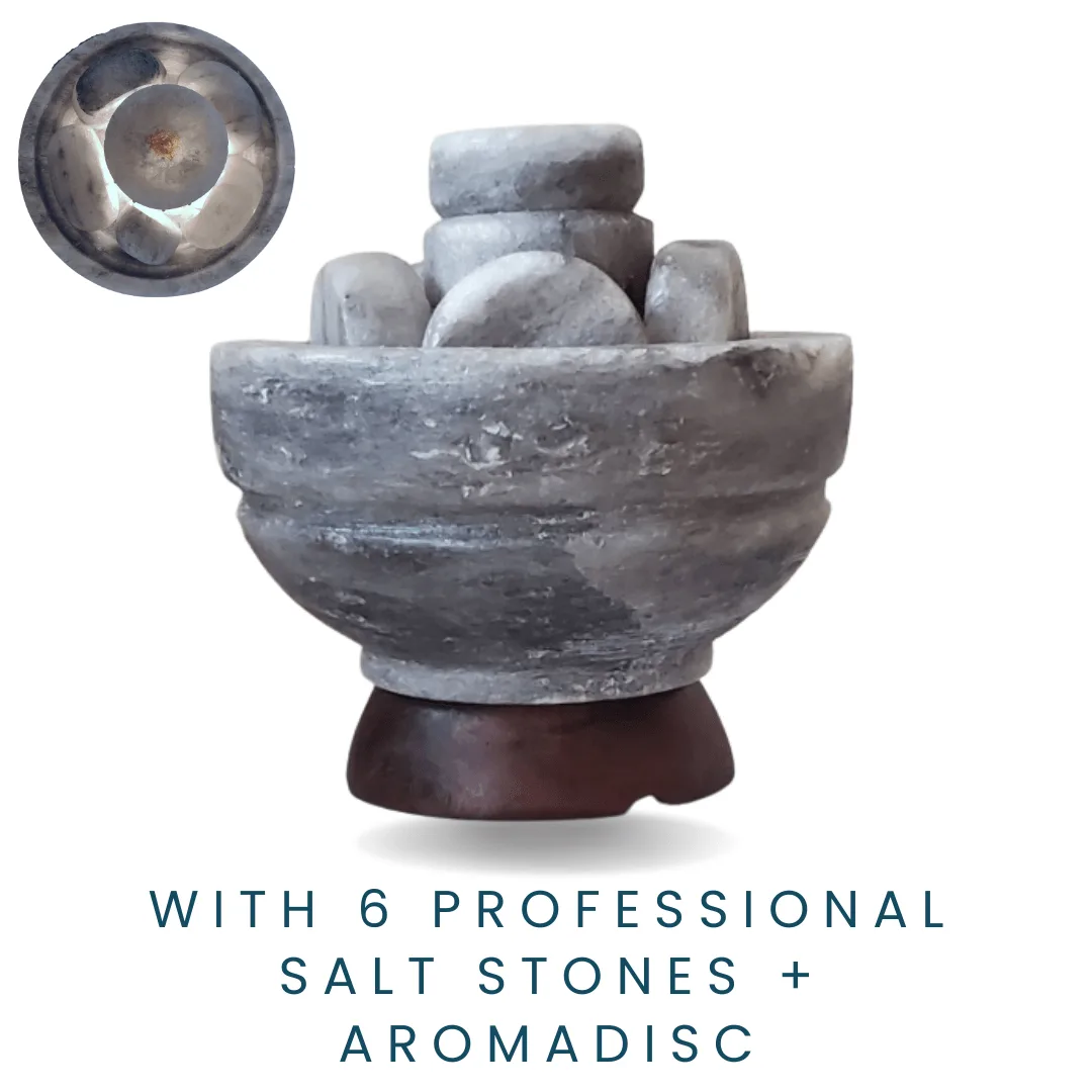 Gray Himalayan Salt Warming Bowl with 6 Professional Gray Massage Salt Stones + Aromadisc