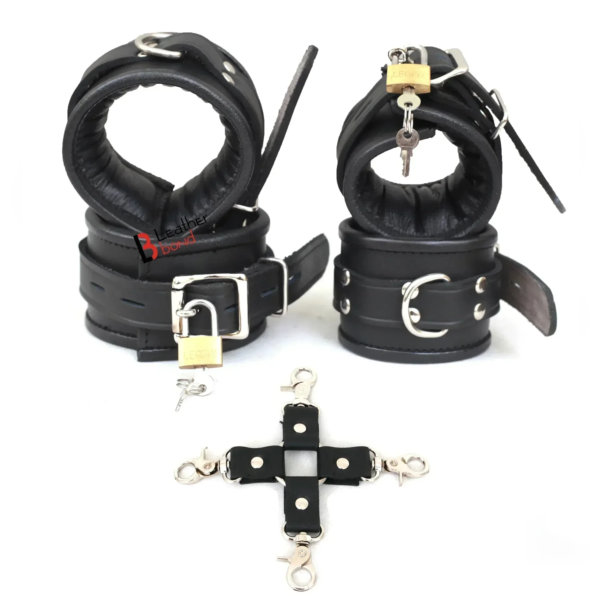 Set de restricción BDSM de 4 piezas de cuero auténtico con esposas acolchadas de muñeca y tobillo bloqueables | Negro total