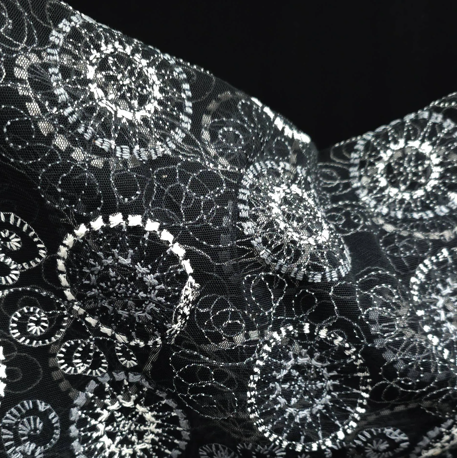 Embroidered Mesh Fabric | Black, White & Gray