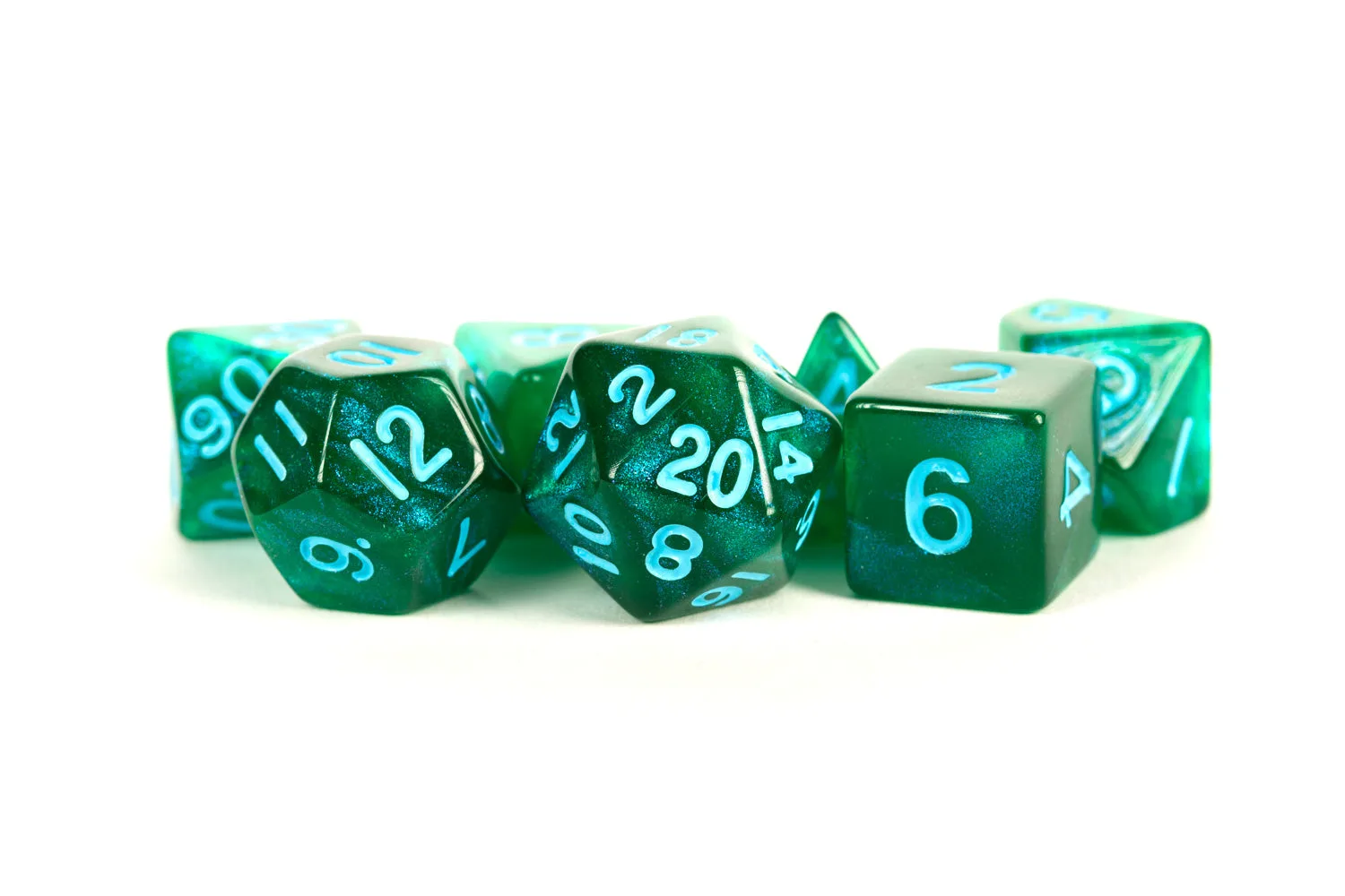 Stardust Green w/ Blue Numbers 16mm Polyhedral Dice Set