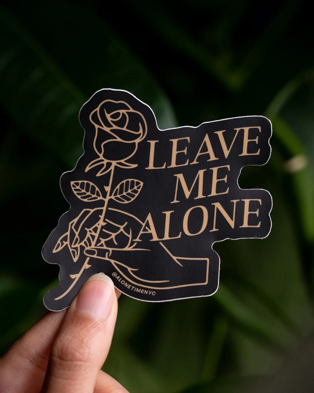 Rose and Hand 'Leave Me Alone' - Die-Cut Vinyl Sticker - Black + Gold