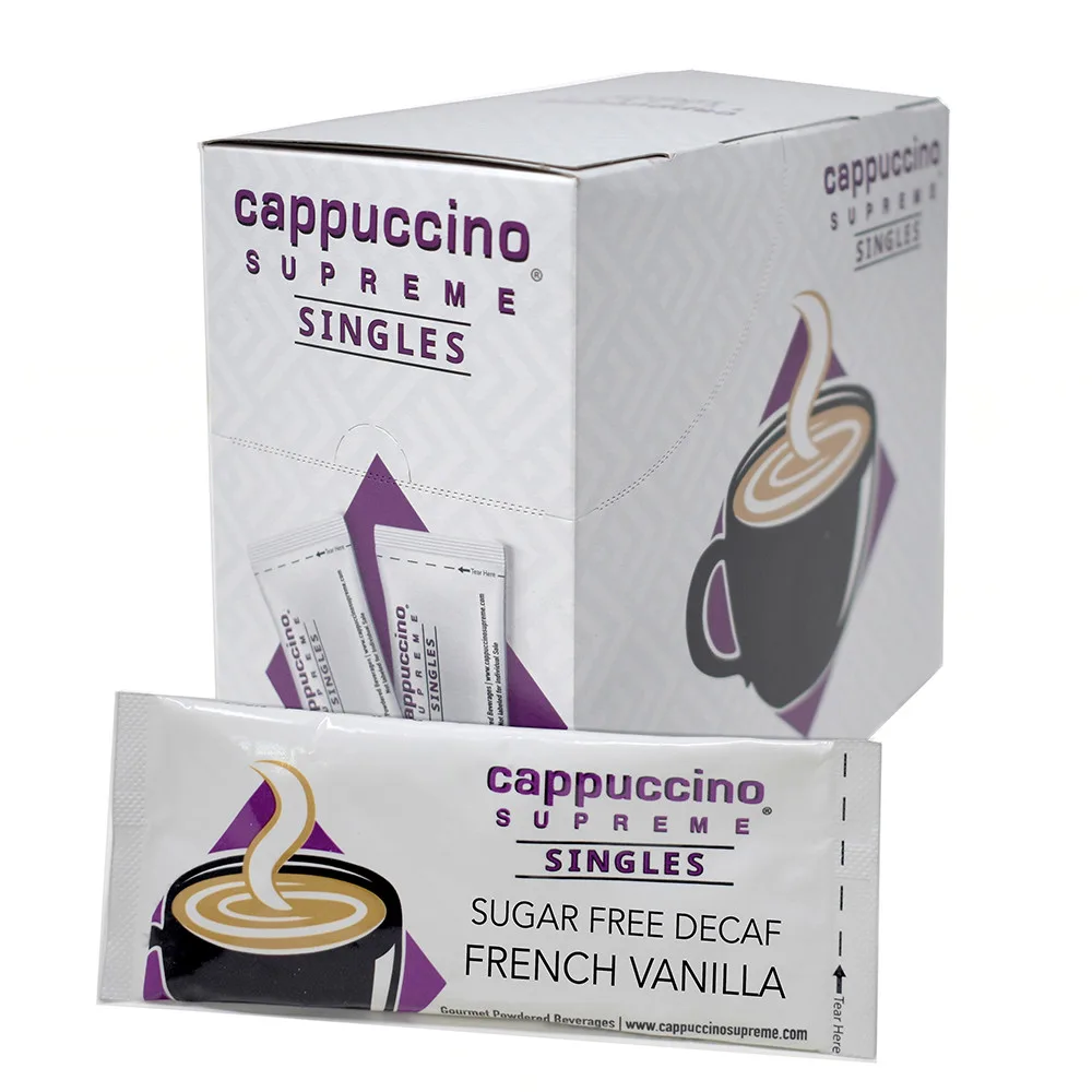 Mezcla de capuchino francés de vainilla descafeinado sin azúcar monodosis 25 x .71 oz palos