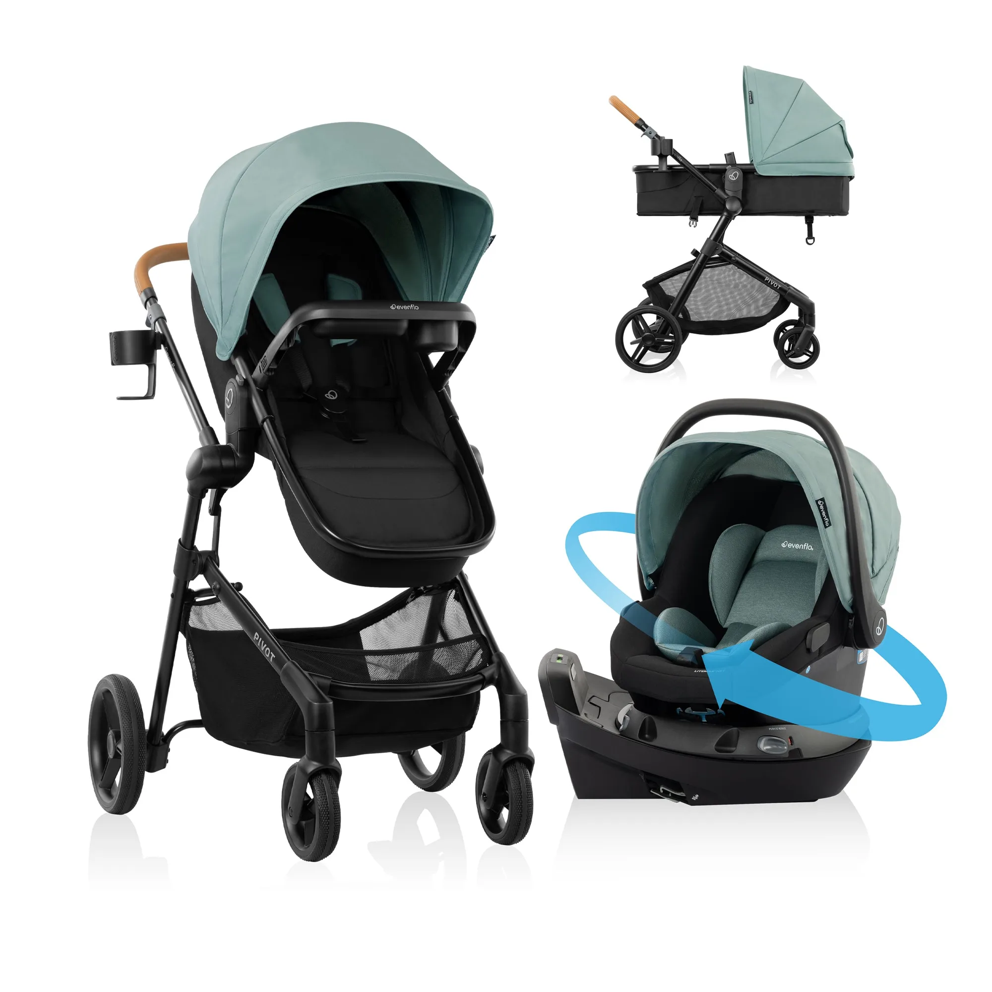Pivot NXT -matkustusjärjestelmä Revolve180 LiteMax NXT -turvaistuimella