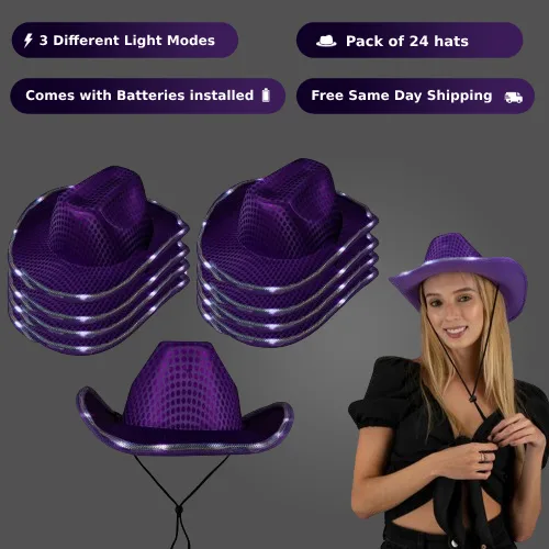 LED-Lichterhut mit glitzernden Pailletten, lila Cowboyhut - 24er-Pack