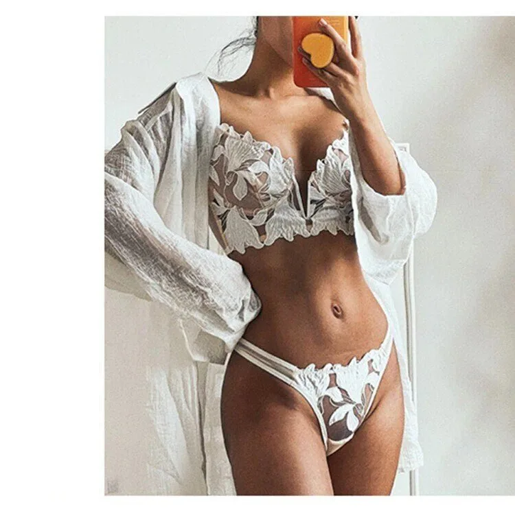 Sexy White French Lace Embroidered Brassier Set