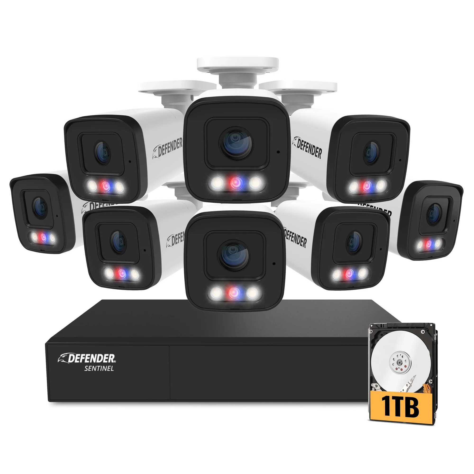 Sistema de seguridad NVR PoE Sentinel 4K Ultra HD cableado de 8 canales con IA, 8 cámaras metálicas y disco duro de 1 TB