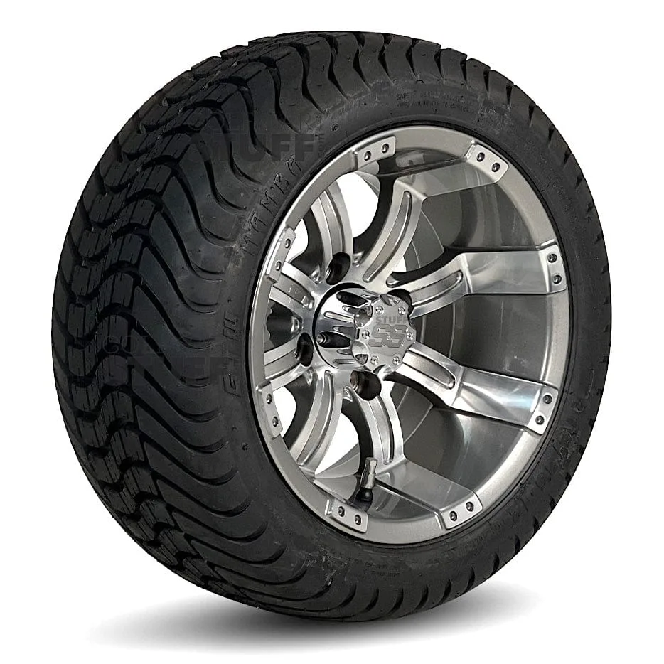 12" Tempest Gunmetal/Machined Aluminum Golf Cart Wheels and 215/35-12 Low-Profile DOT Street & Turf Tires Combo - Set of 4 (Choose your tire!)