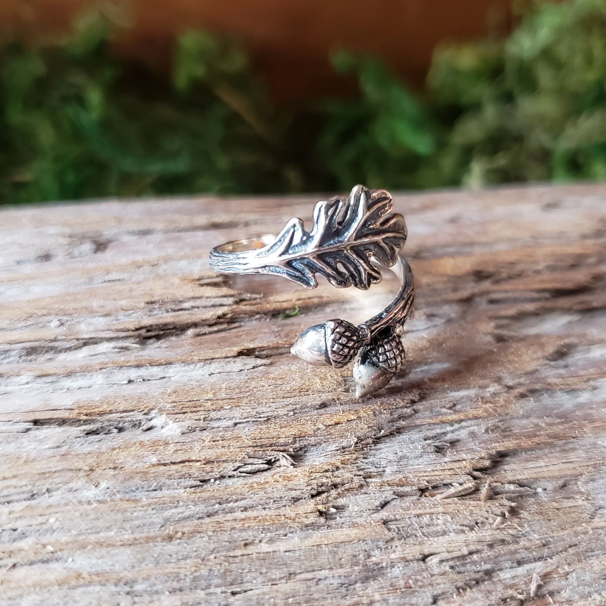 Sterling Silver Adjustable Oak & Acorn Ring