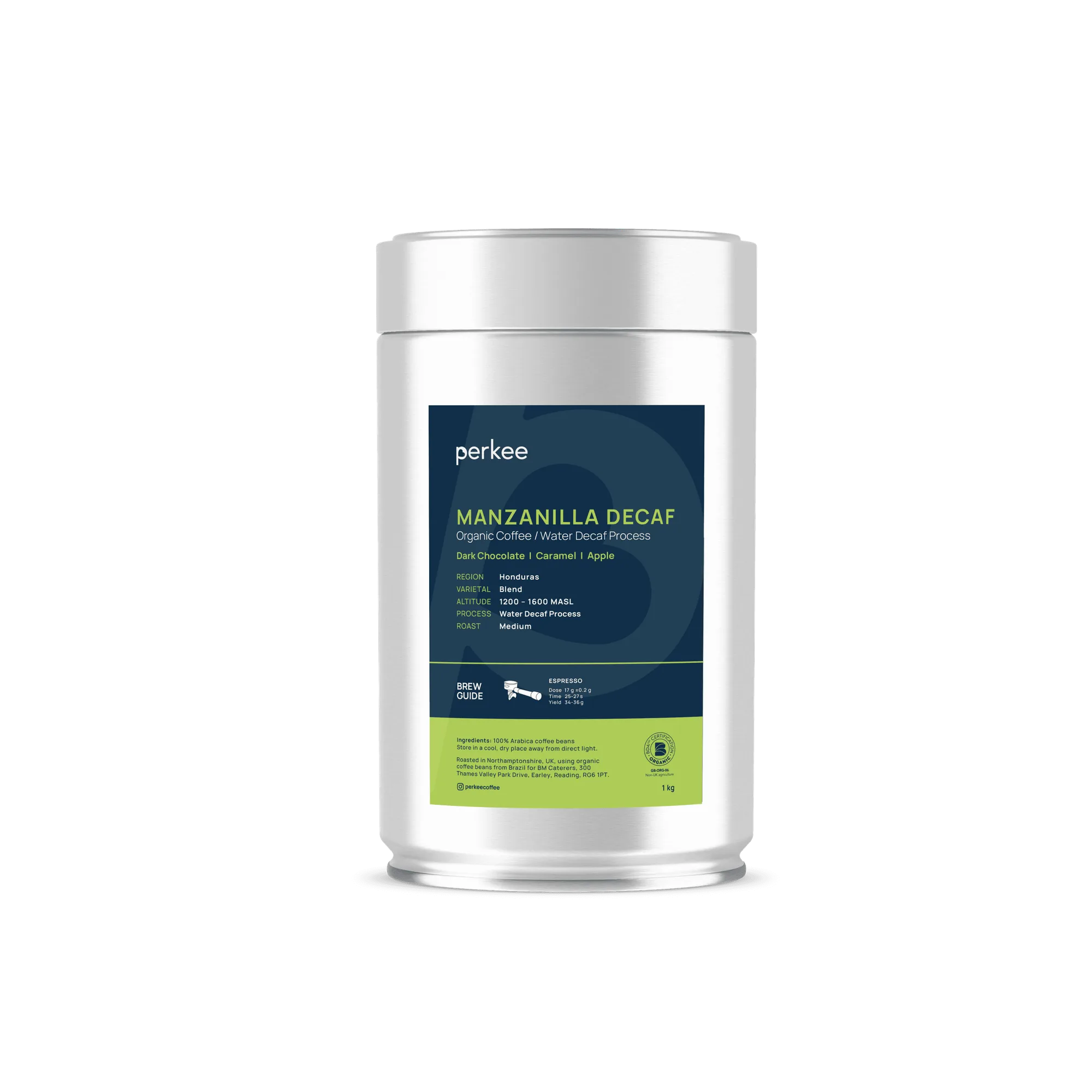 Perkee Decaf Tin Case 4 x 300g Ground for Espresso - Organic Coffee