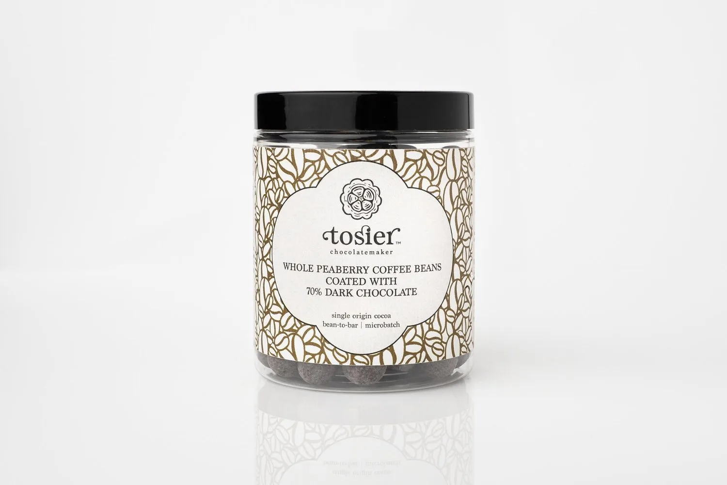 Whole Peaberry coffee beans coated with 70% Dark Chocolate — Tosier Chocolatemaker