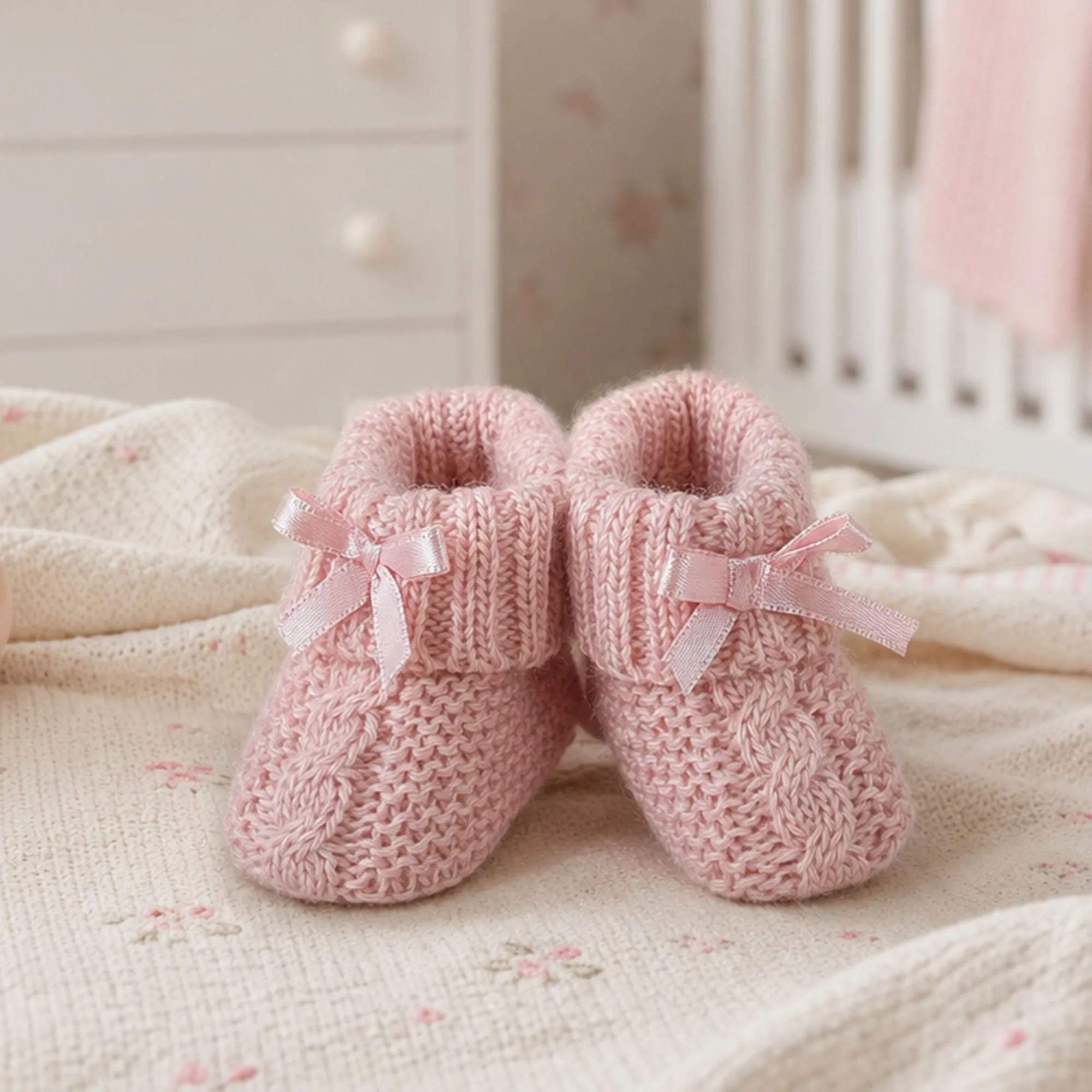 Dusky Pink Knitted Baby Booties, 0–3 Months