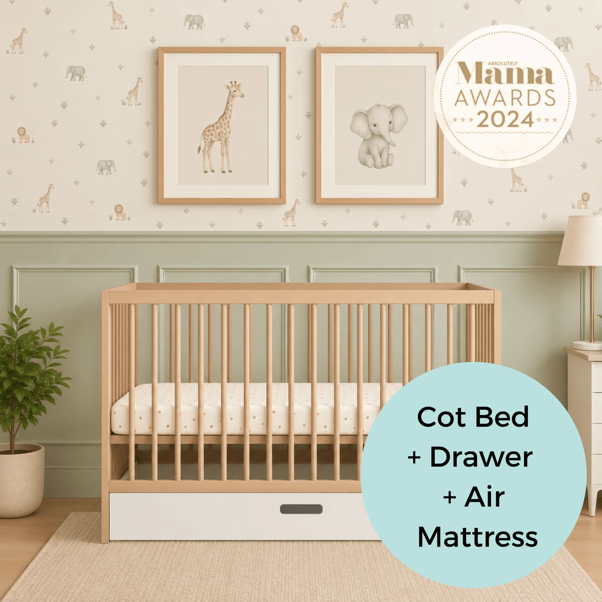 Mini Cot Bed With Drawer & Luxury Breathable Air Mattress - Beech (120x60)