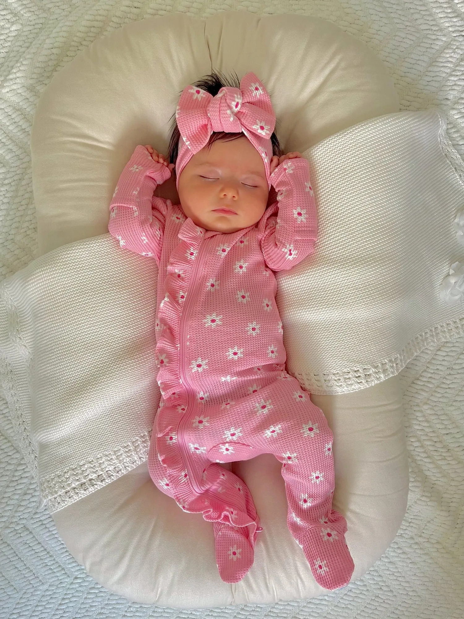 Organic Waffle 2-Way Zip Ruffle Footie, Pink Flower