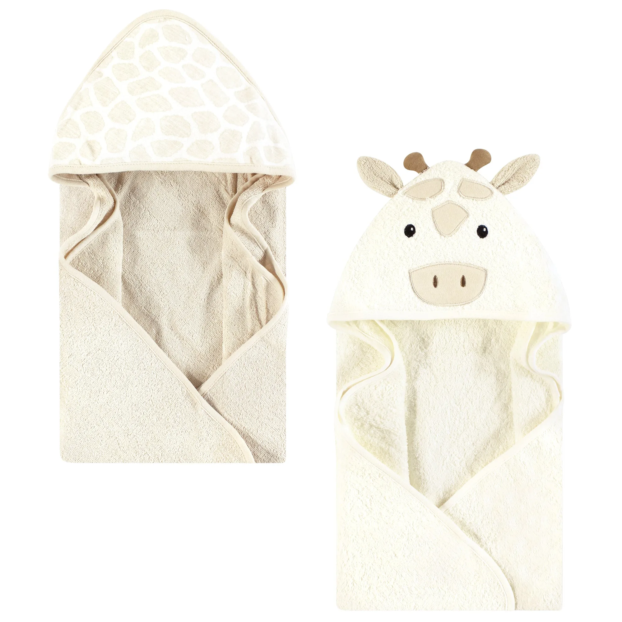 Hudson Baby Cotton Poly Animal Face Hooded Towel 2-Pack, Beige Giraffe, One Size
