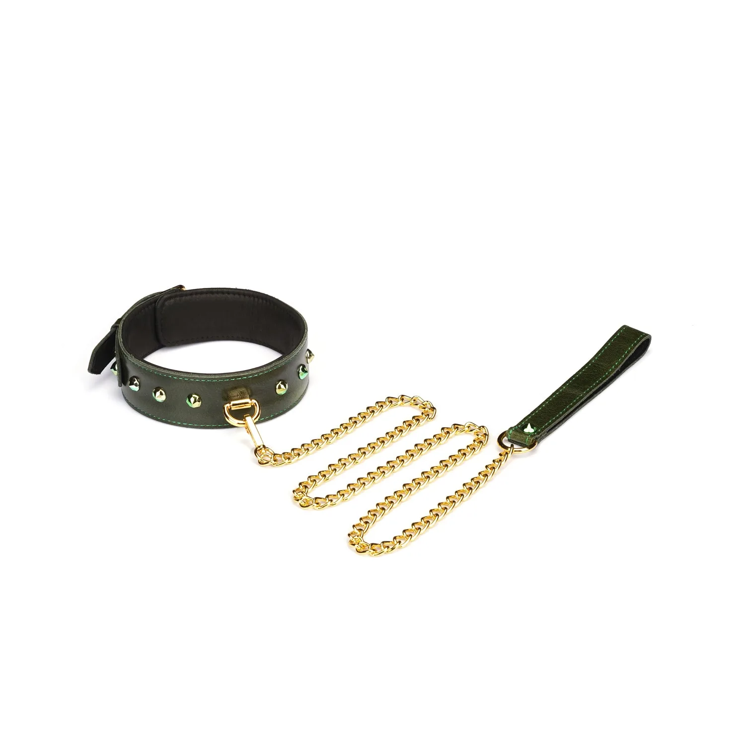 Collare in pelle verde lusso con pietra preziosa e anello a D