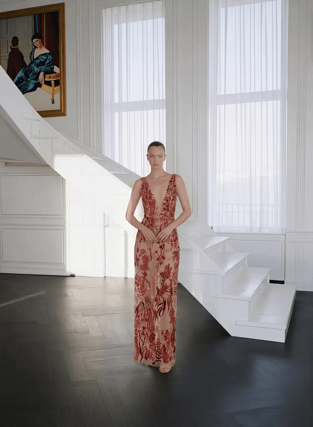 Underwater Wildflower Column Gown | Cranberry Red