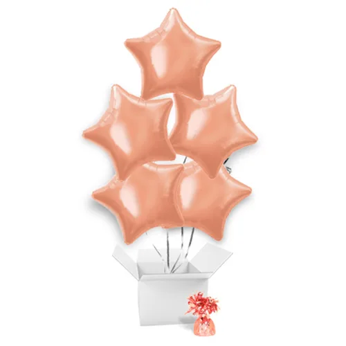 Ramo de globos de helio de lámina en forma de estrella color rosa dorado – 5 globos inflados en caja