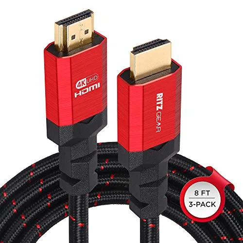 Ritz Gear 4K-HDMI-Kabel | 3er-Pack 8 Ft. Hochgeschwindigkeits-HDMI-2.0-Anschlüsse mit 18 Gbps | Langlebiges geflochtenes Nylon, Goldbeschichtung, 4K @ 60Hz Ultra HD, 3D, 2160p, 108