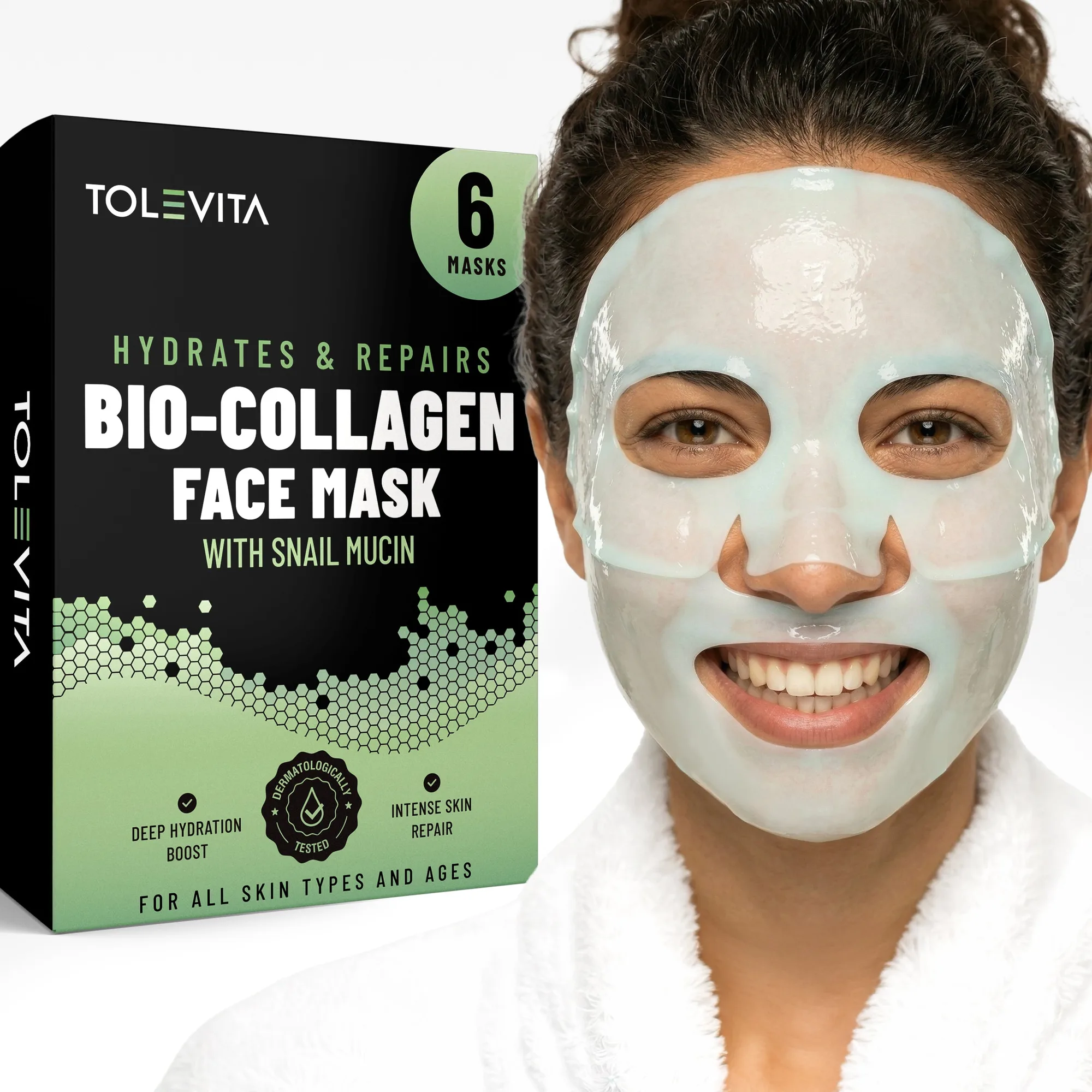 Mascarilla facial de hidrogel con biocollágeno, hidratante y reparadora con baba de caracol y ácido hialurónico, 6 mascarillas