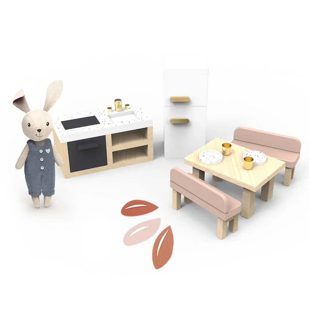 Set de cocina para casa de muñecas con 4 sillas incl. 1 personaje