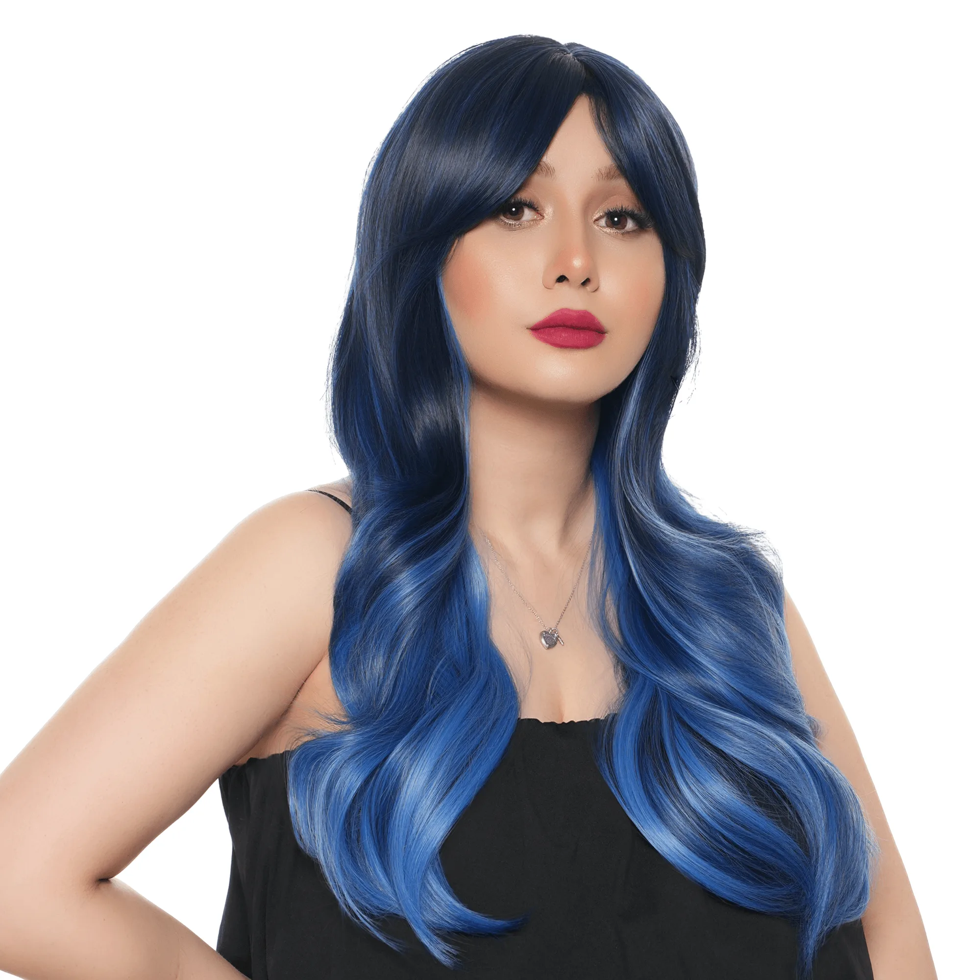 22-inch Electric Blue Sombre (Blackwash Darker Blue Crown) Soft Layered Waves w/ Face-framing Curtain Bangs Synthetic Wig
