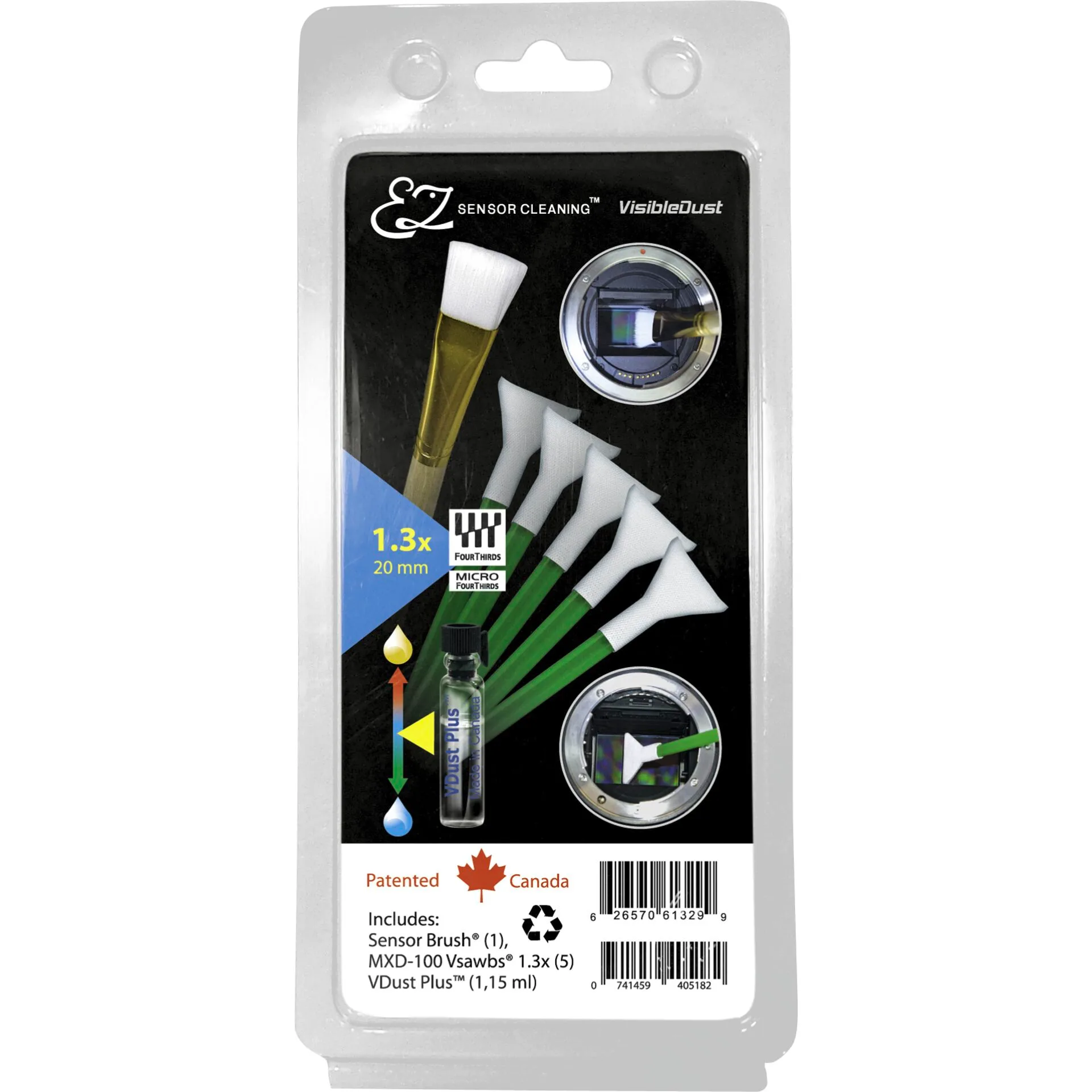 Kit de limpeza de sensor VisibleDust EZ PLUS com VDust Plus, 5 Vswabs verdes 1.3x e Sensor Brush