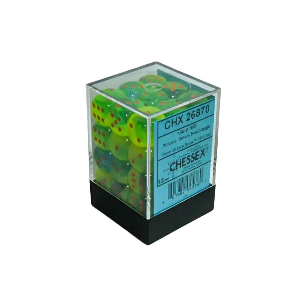 Chessex GeminiⓇ Plasma Green-Teal Luminary™ with Orange Numbers 12 mm Dice Block (36 dice)