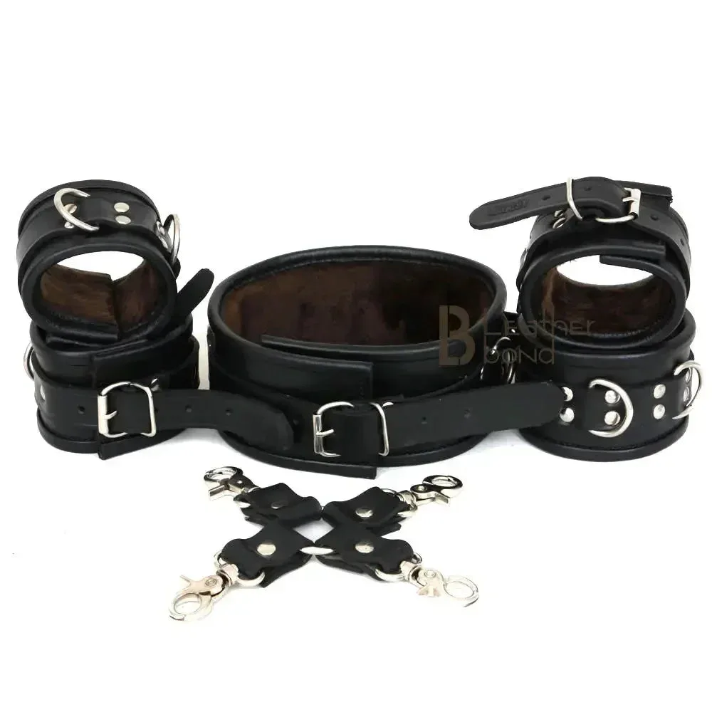 Real Cow Leather Wrist, Ankle Cuffs and Neck Collar Restraint Bondage Set with Hogtie Black 6 Piece Fur Lining