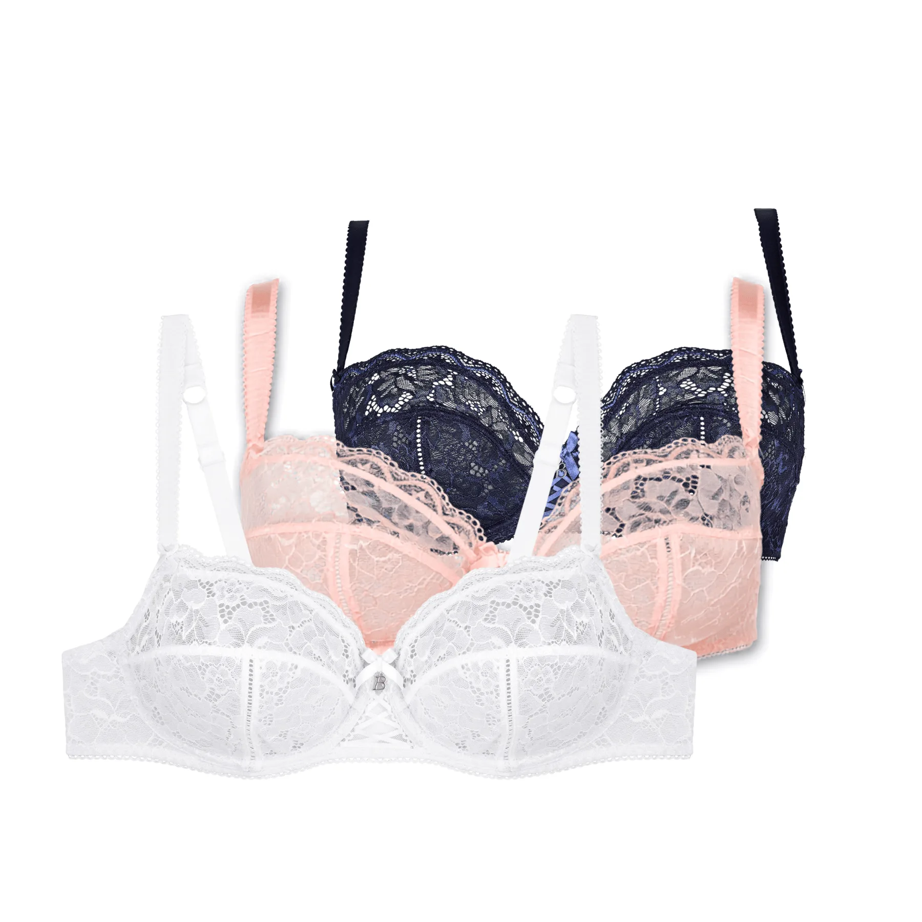 Lotto di tre reggiseni a coppa liscia bianco albicocca blu scuro Luccia