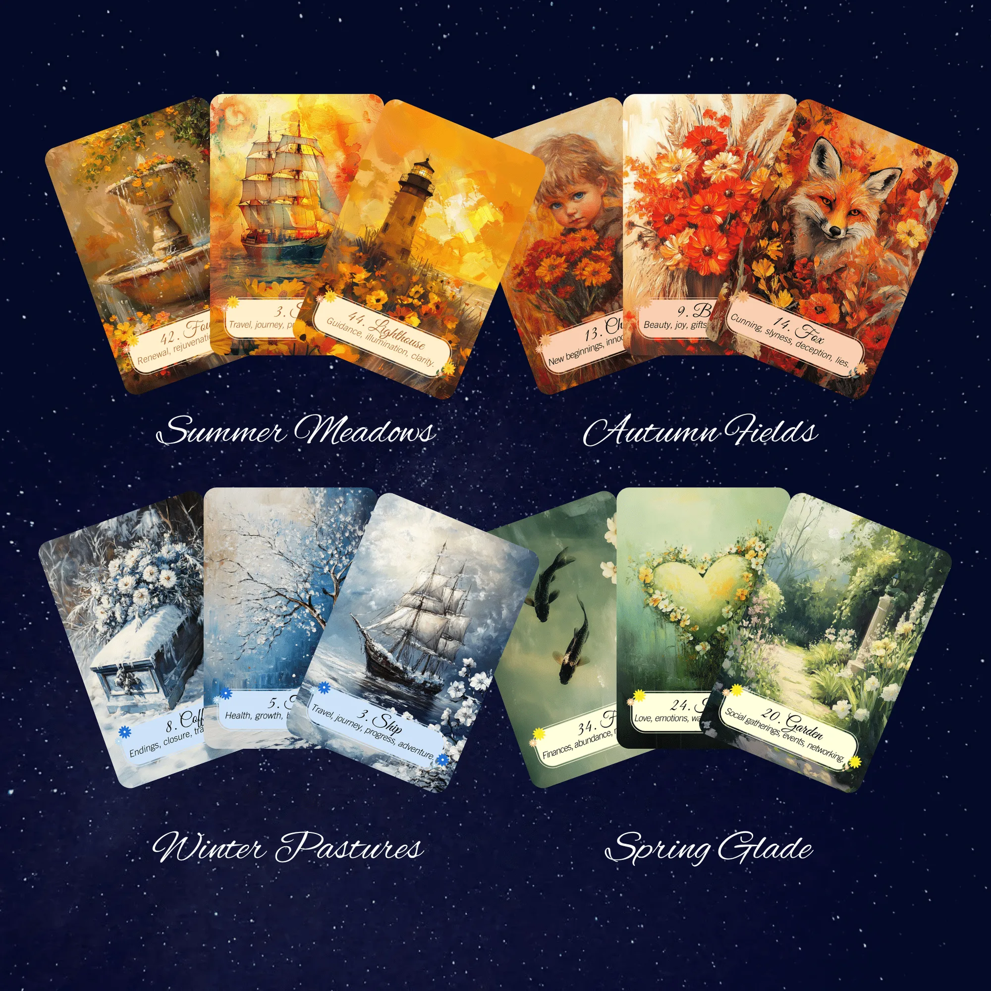 Vier Jahreszeiten des Tarot – Lenormand-Kollektion 🍃 Ein Set aus vier Lenormand-Decks, das dem Rad des Jahres in malerischer Schönheit folgt