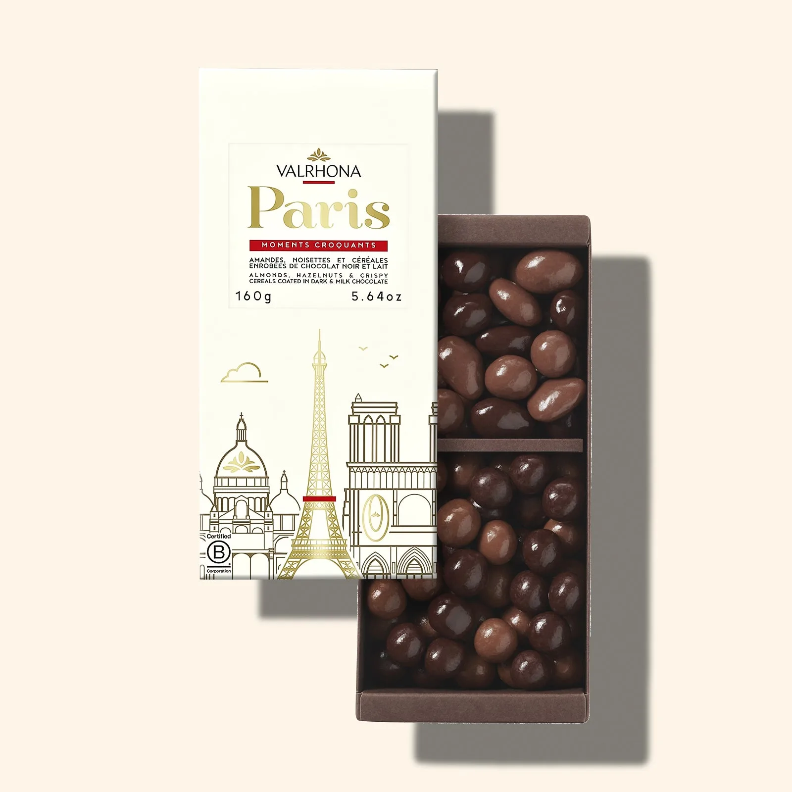 Caja de almendras, avellanas y crujientes de chocolate con leche y negro - Colección París - 5,6 oz / 160 g