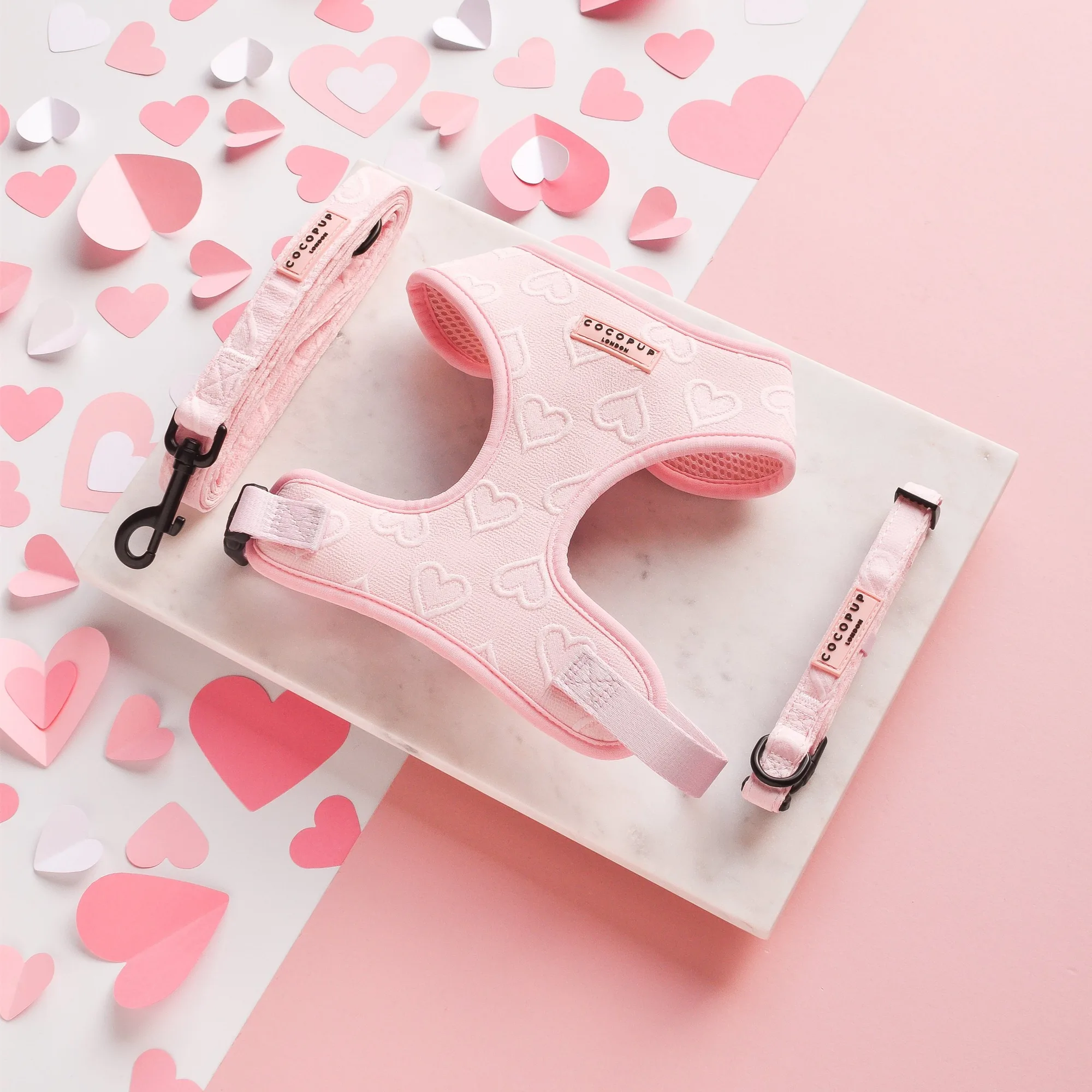 Baby Pink Heart Adjustable Neck Harness, Lead & Collar Bundle