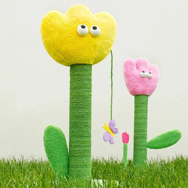 ZEZE Tulip Cat Scratching Post – Plush Flower Design with Rattle Leaves