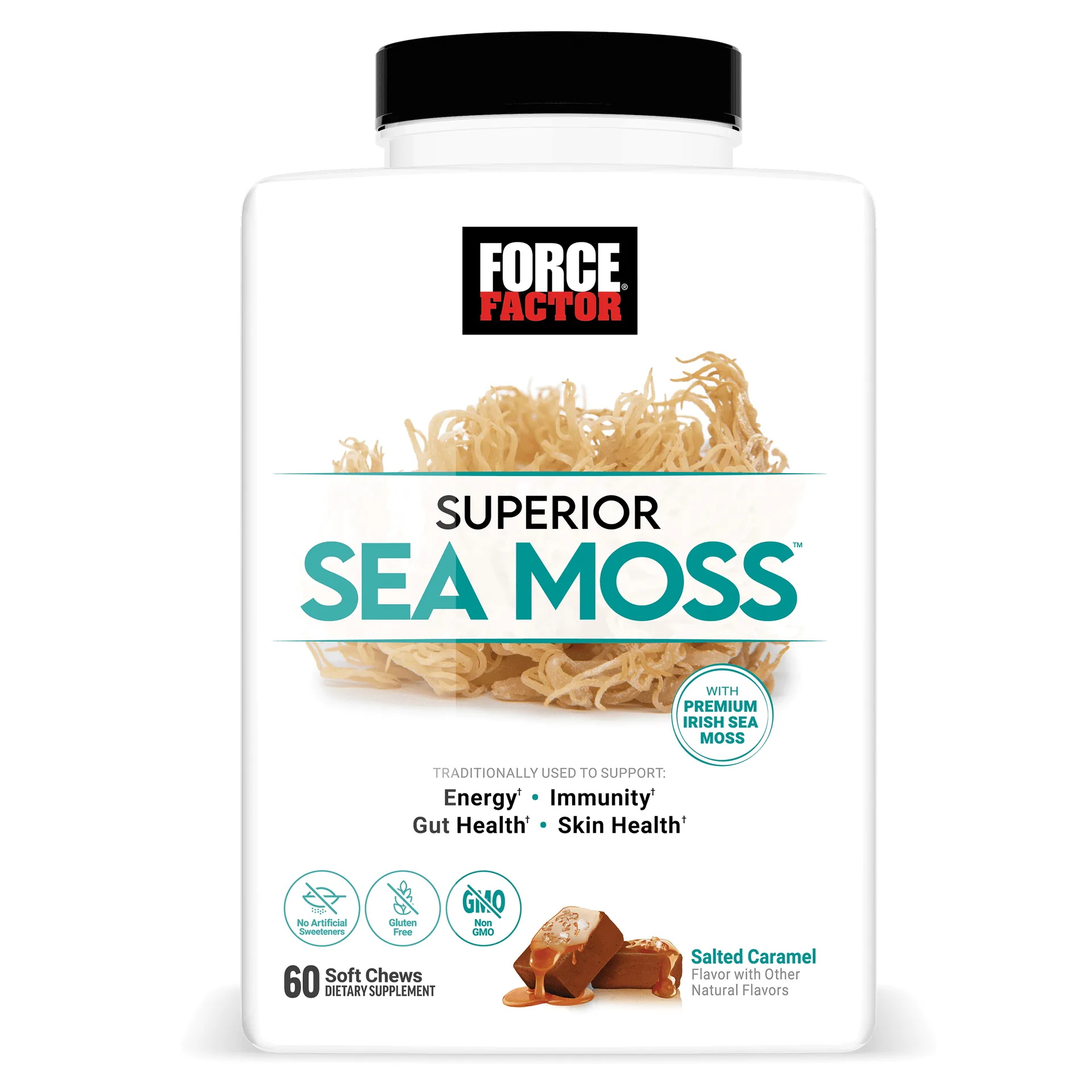 Force Factor Superior Sea Moss Soft Chews, Premium Irish Sea Moss to Support Energy, Immunity, Gut Health, & Skin Health, Non-GMO, Gluten Free, Salted Caramel Flavor, 60 Count