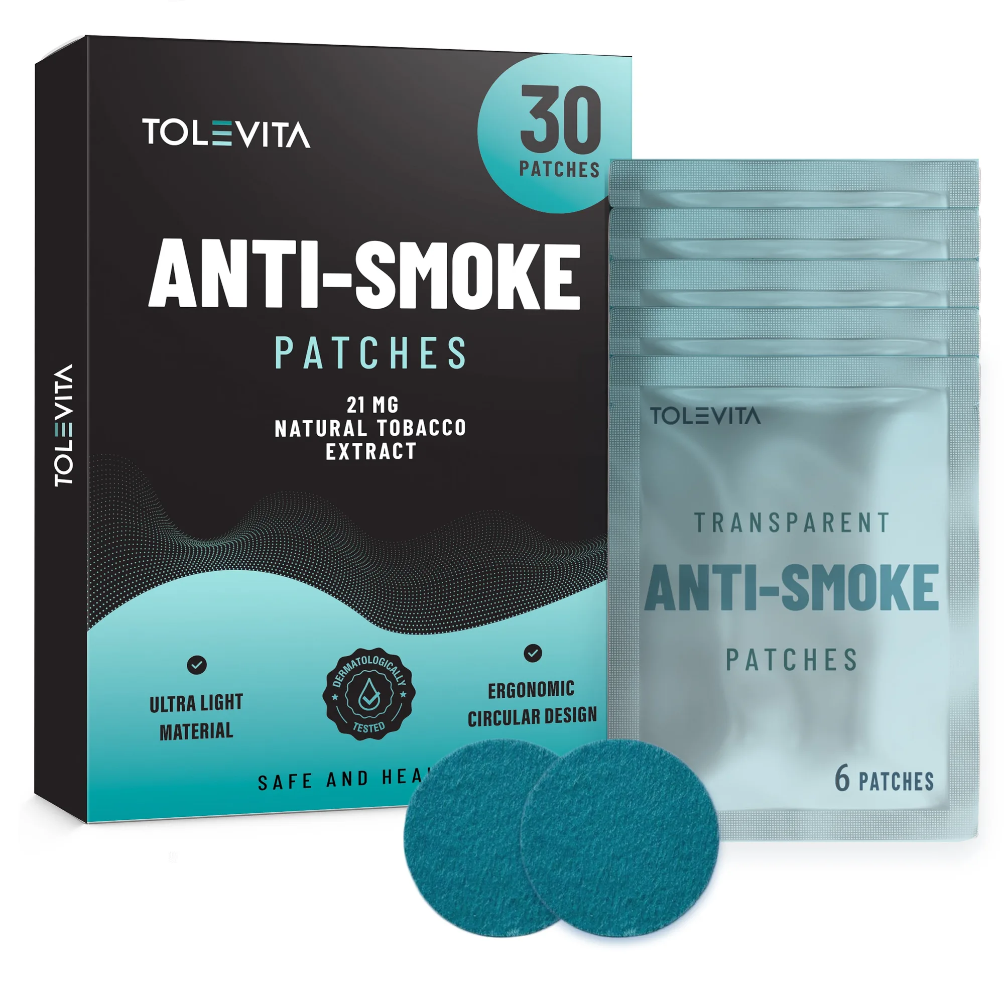 Anti-Smoke Urteplastre til at reducere trangen, cirkelform 21mg (blågrøn), 30 plastre