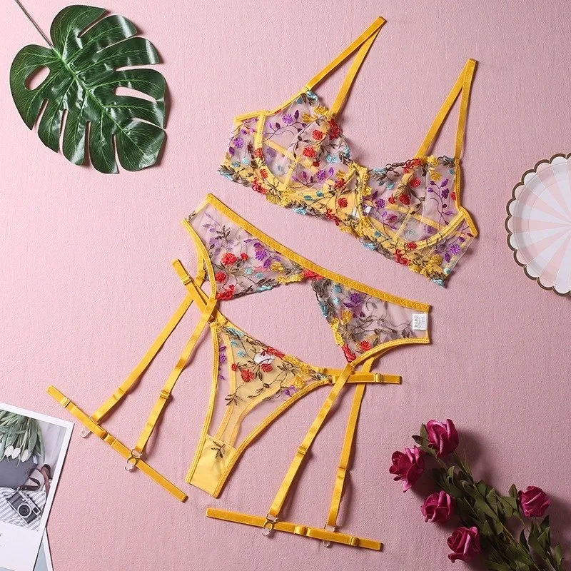 Boho Embroidered Lingerie Set - Yellow