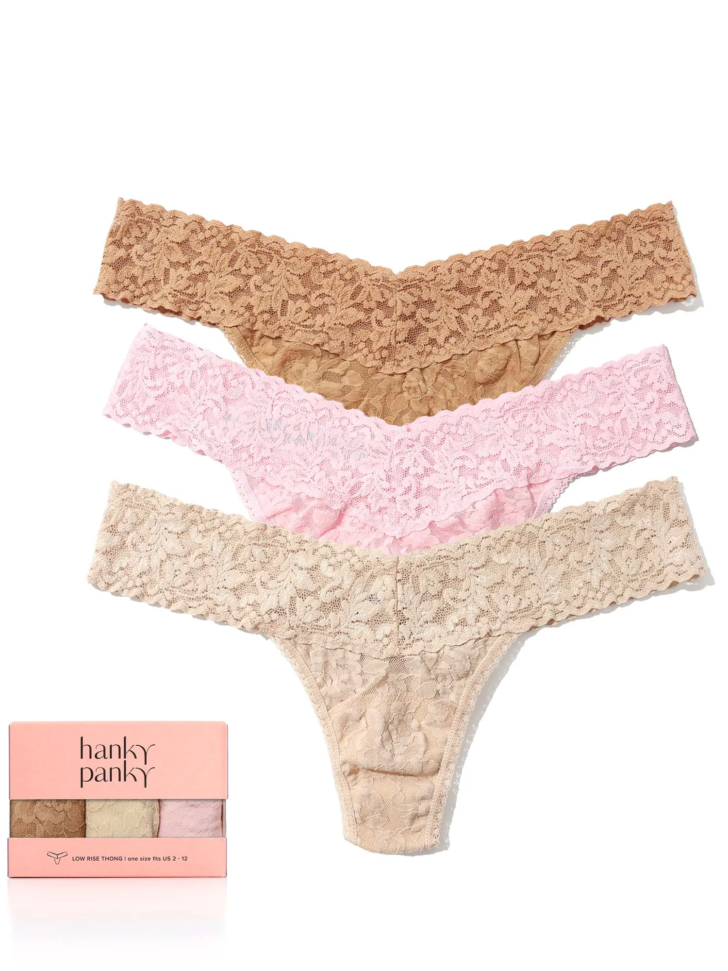 Sand Blush 3 Pack Signature Lace® Low Rise Thongs Suntan/Chai/Blushing Rose