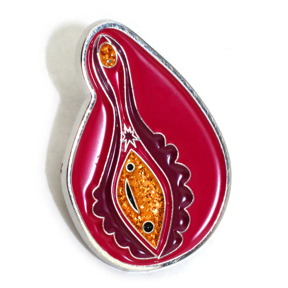 Glitterende Vulva+Vagina Emaille Reverspin - Hoera voor de vajayjay!