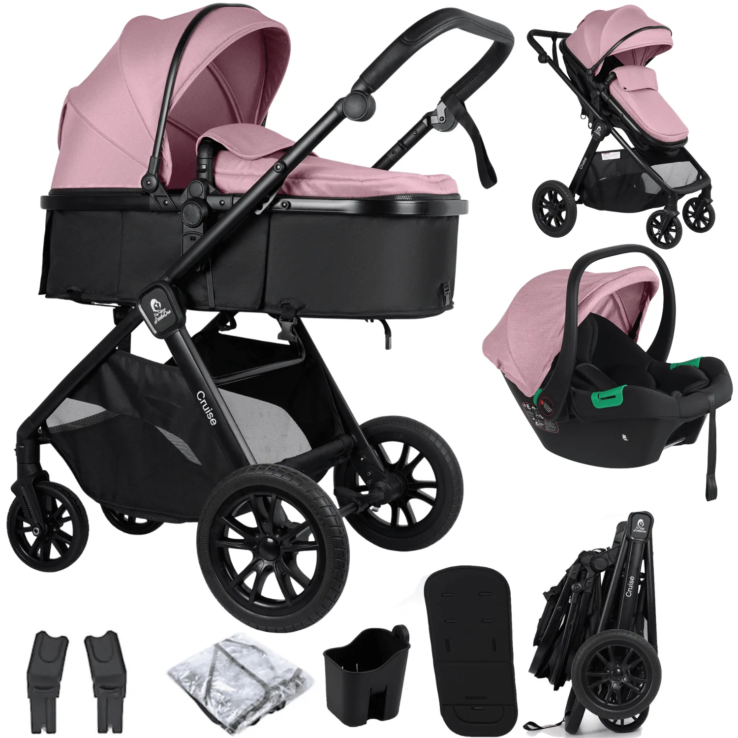 Sistema de viagem Cruise 3 em 1 com cadeira auto For Your Little One - Blush Rose (porta-copos e forro de assento grátis!)
