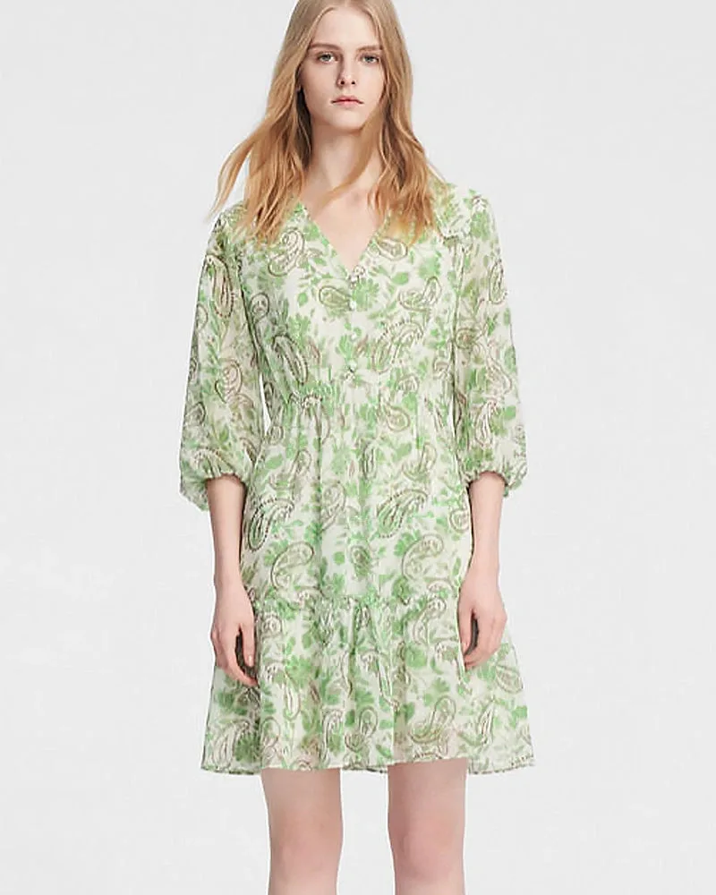 Vestido Mini de Seda Verde Menta com Estampa Paisley