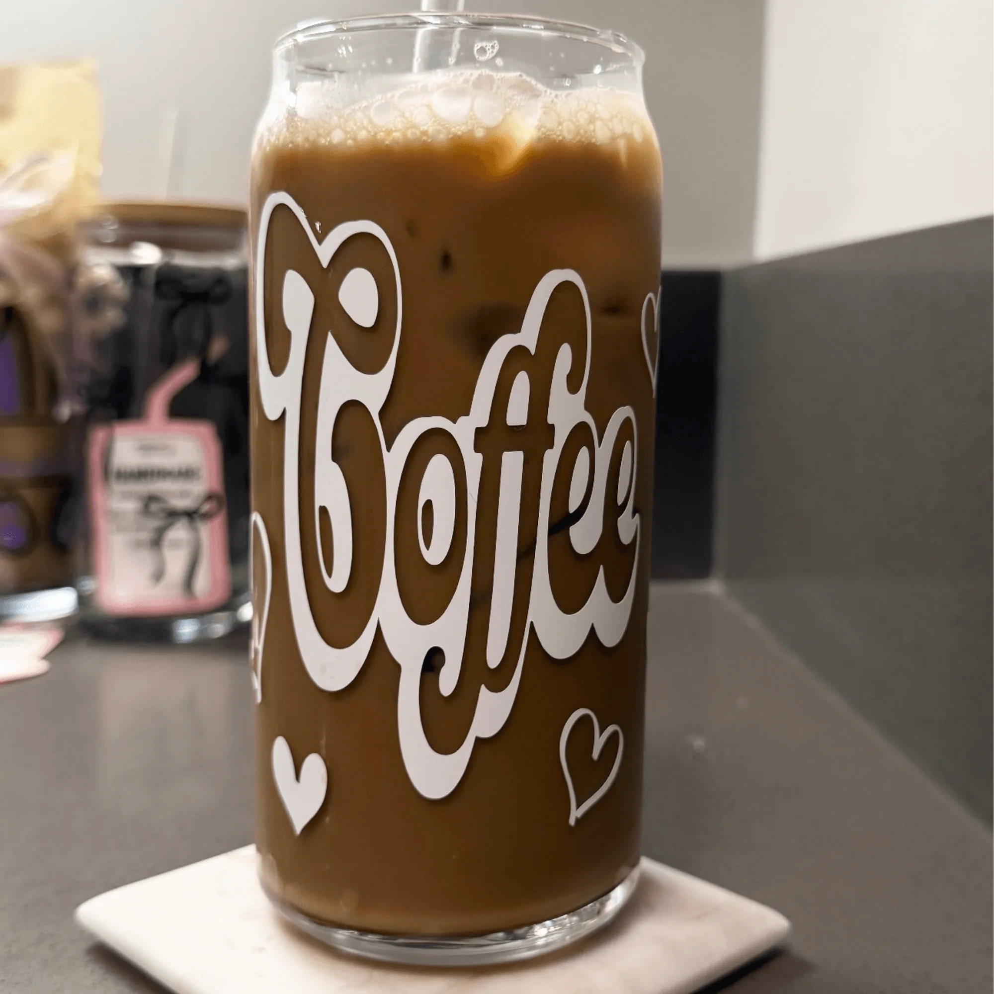 Iced Coffee Bubble Font Glass Tumbler w Bamboo Lid & Straw