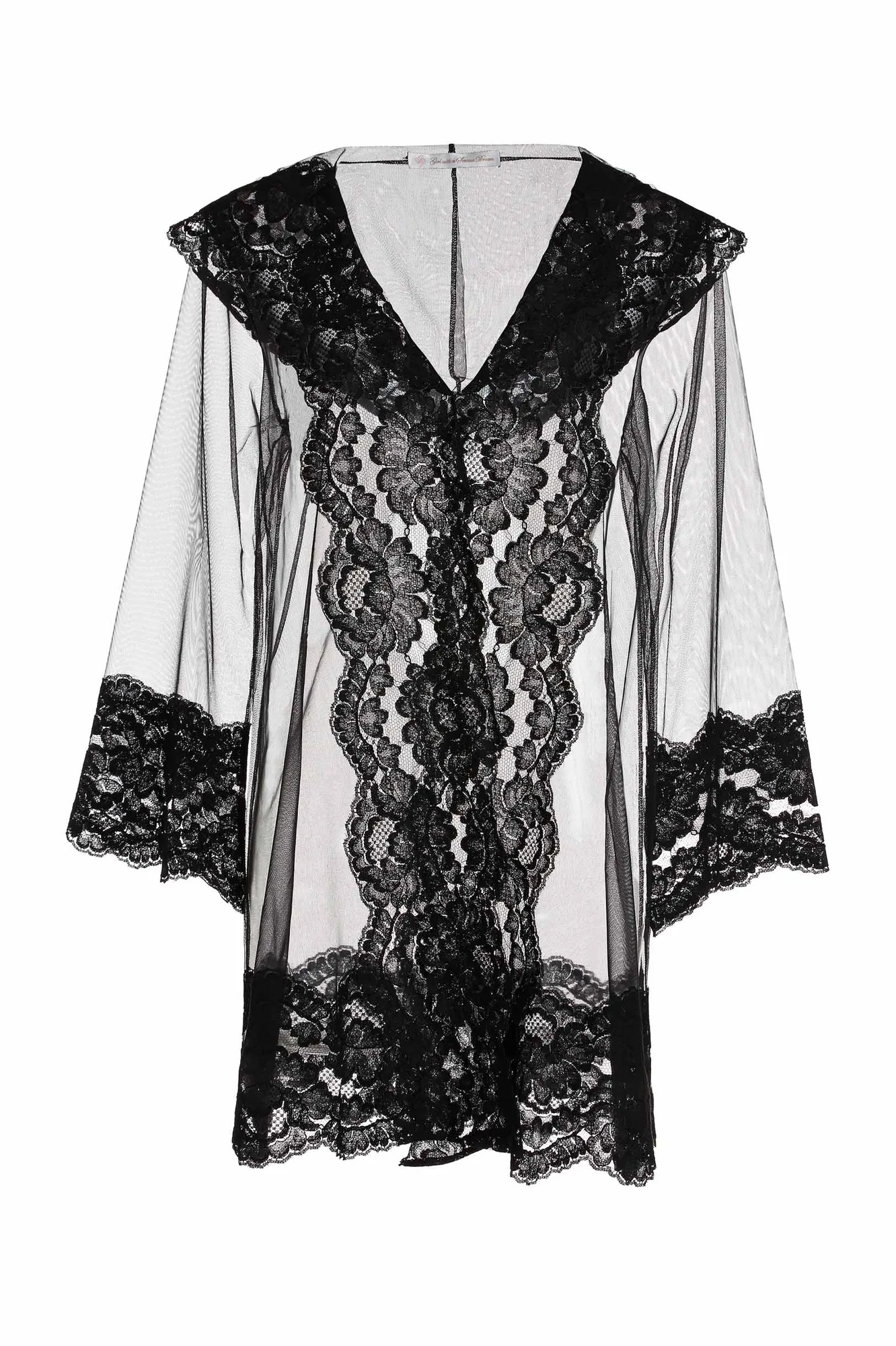 Amalfi Kimono met capuchon van tule en Frans kant in Zwart