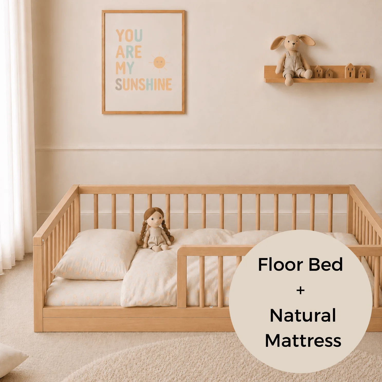 Montessori Toddler Floor Bed with Natural Mattress - Beech (140x70)