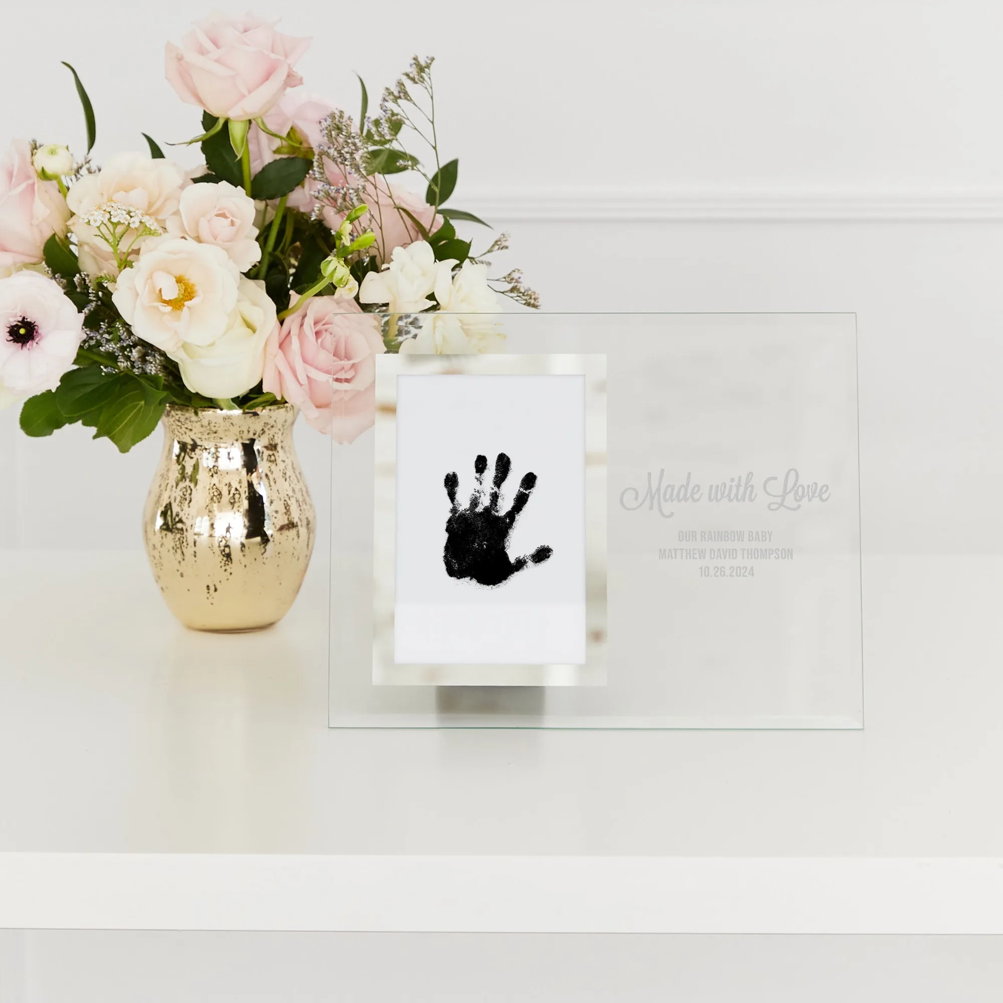 Custom Engraved 4" x 6" Offset Glass Picture Frame with Inkless Print Kit for Hand or Footprint - Made with Love