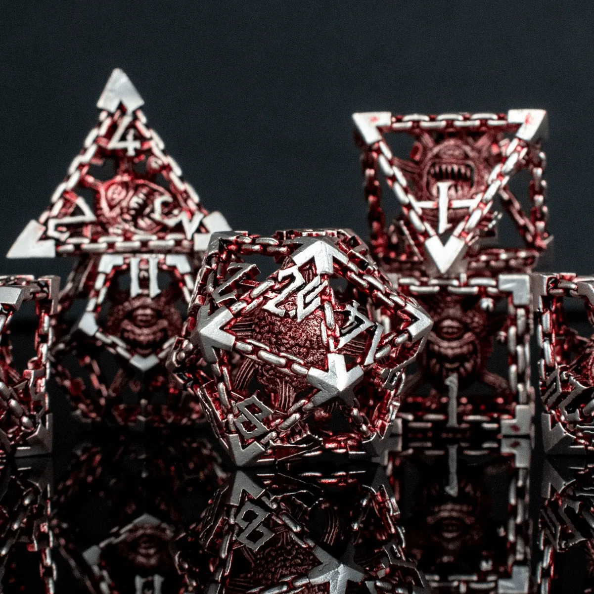 Pre-Order|| Beholder's Gates Hollow Metal Dice Set - Red and Silver