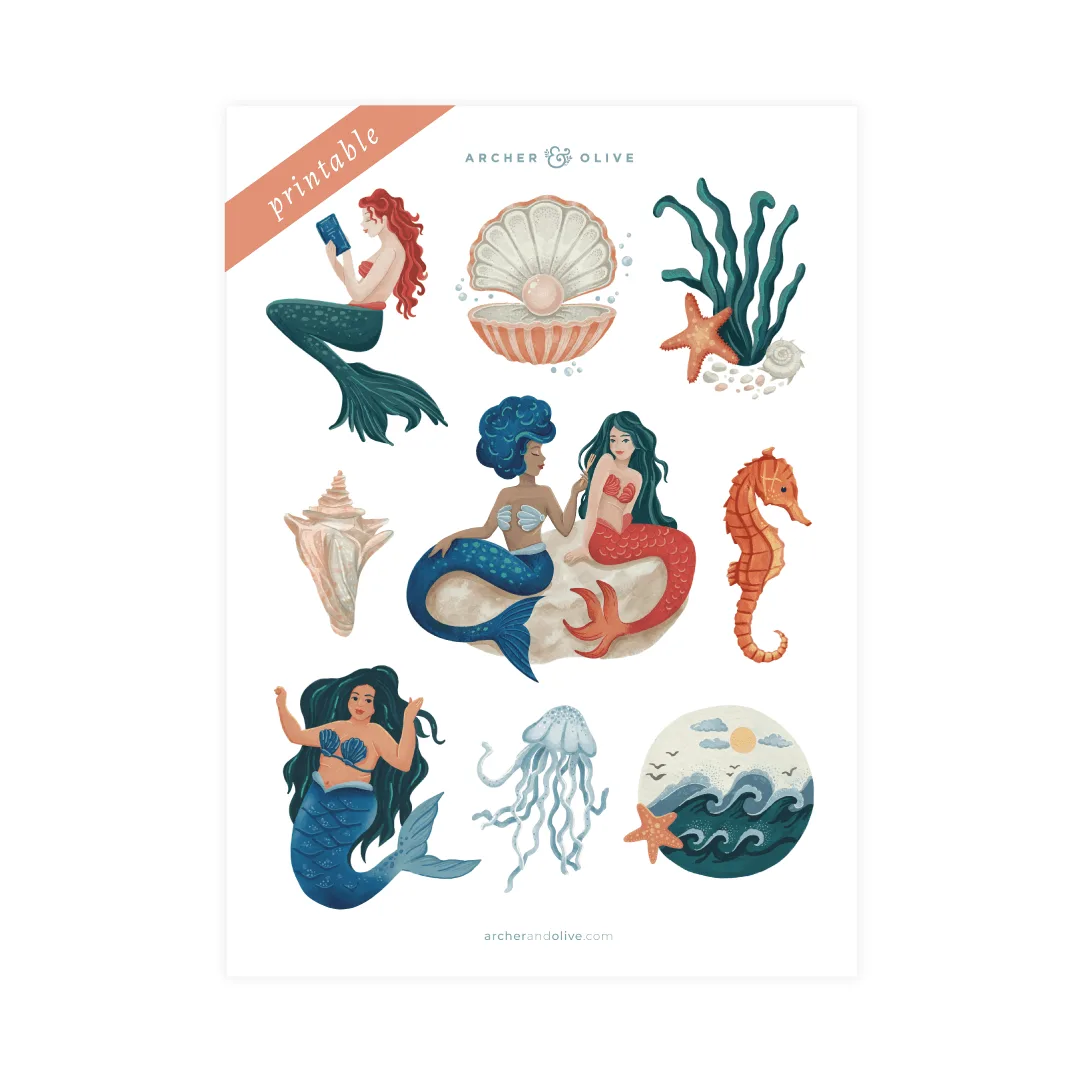 Vintage Mermaid Printable Stickers