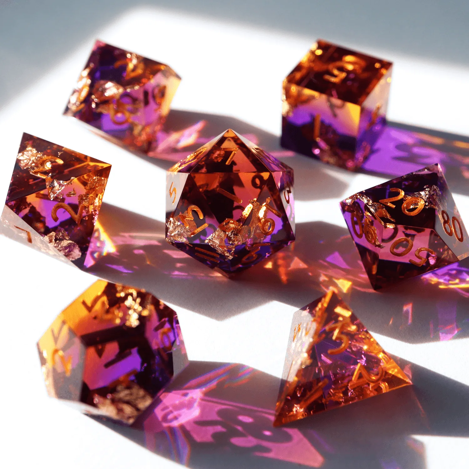 WS Eternal Sunset - handmade sharp edge 7 piece dice set